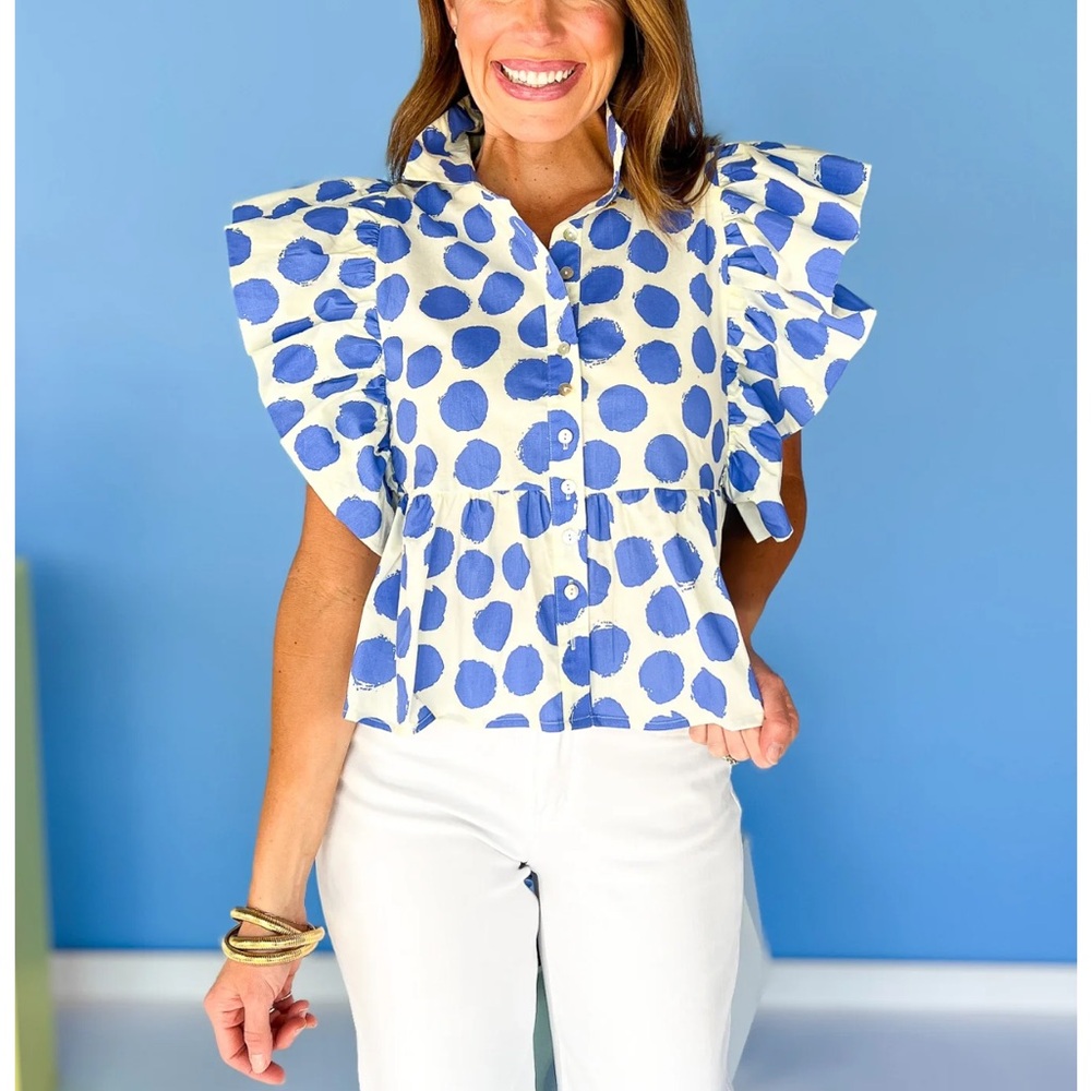 JODIFL White and Blue Polka Dot Ruffle Blouse - Picture 4 of 10